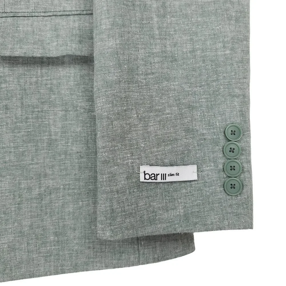 Bar III Mens Slim Fit Suit Jacket Blazer 44R Green Solid Linen Cotton Blend NWT